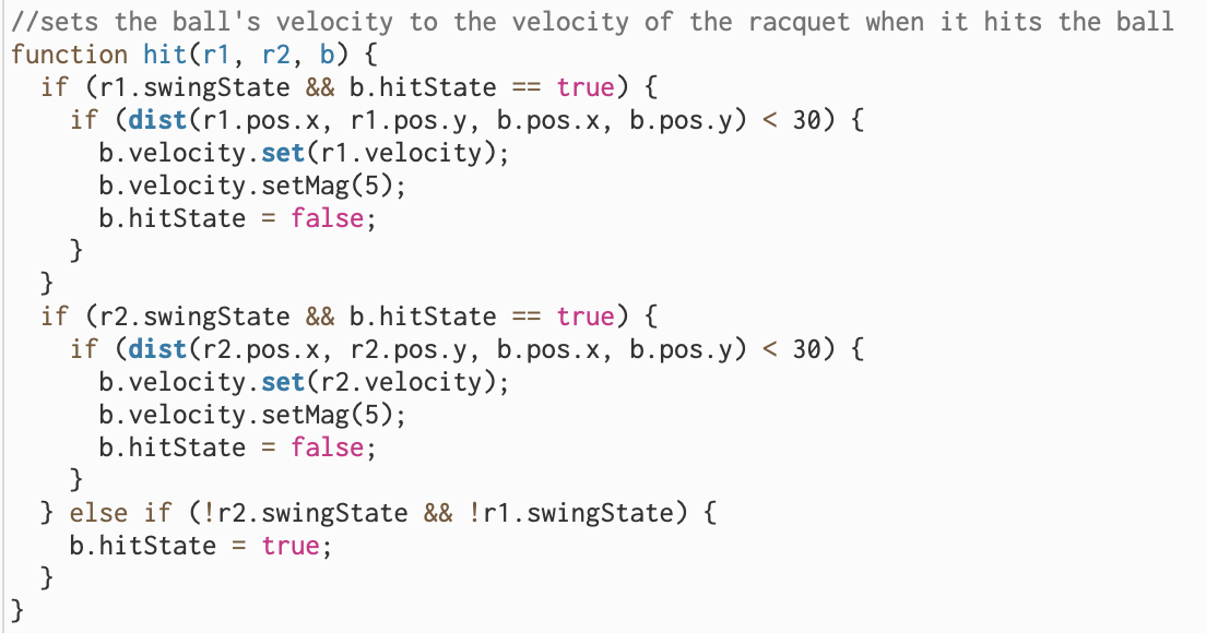 Then, I simply wrote a function that transfers the velocity of the head of the racquet to the ball when the two come in contact with each...