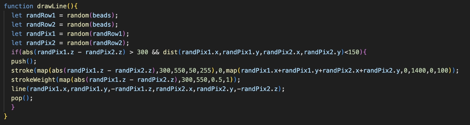 Finally, I experimented with different visual effects. I decided to keep the drawLine() function, which randomly draws lines between two ...