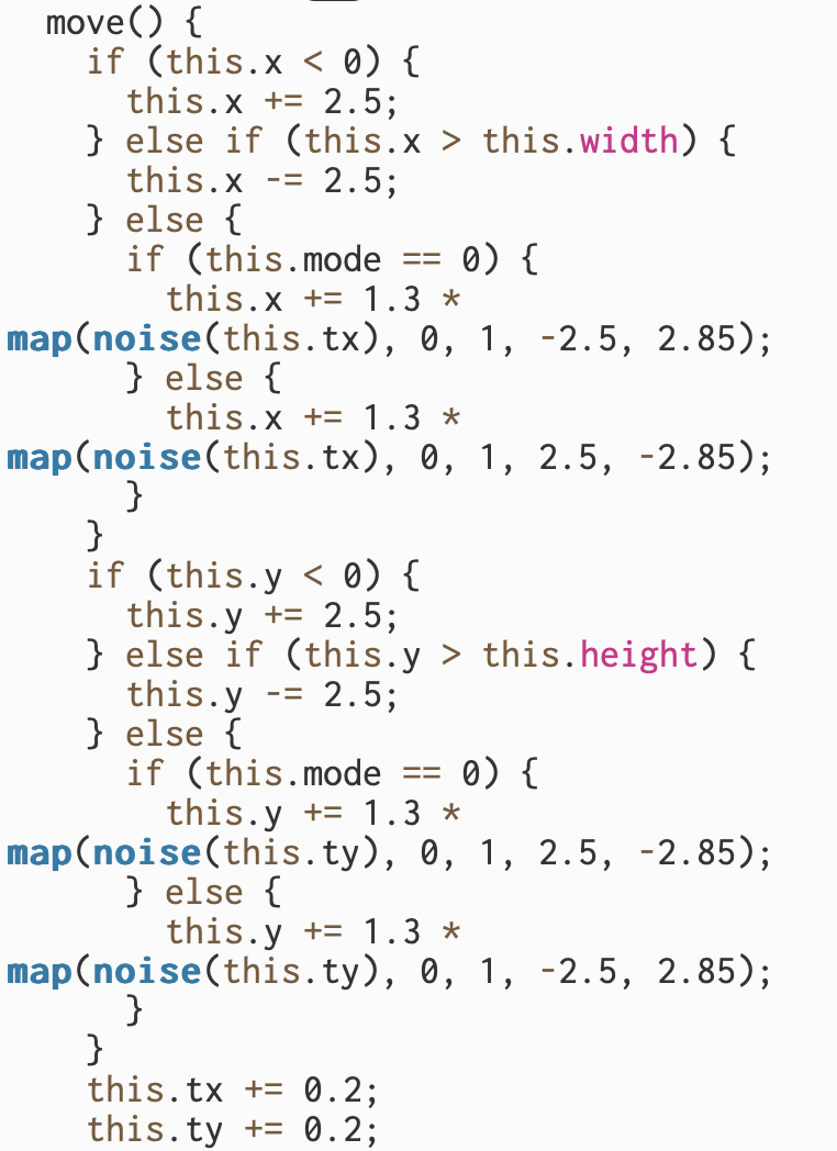 The move() function of the predator class uses noise() that I learned from the book and the videos to generate a relatively smoother and ...