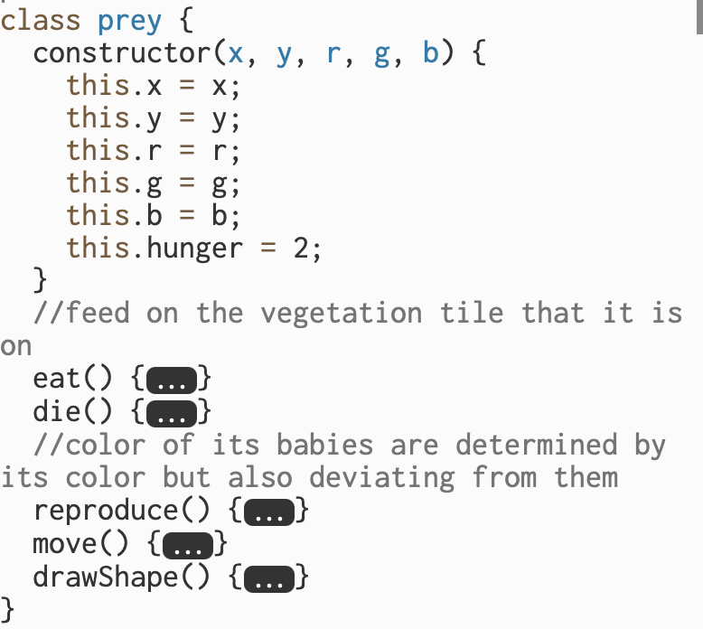 The second layer of the ecosystem are the preys. The objects of the prey class are visually represented as tiny multicolored particles. T...