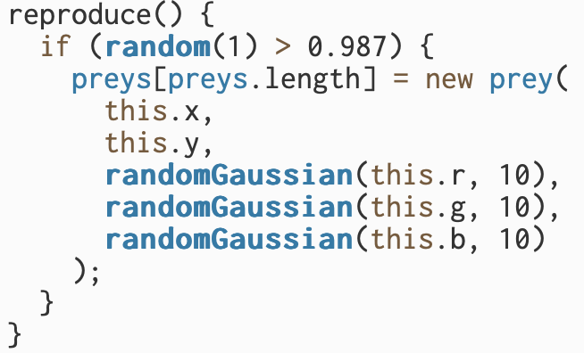 Both reproduce() and move() of the prey class use the random() function that we learned in class.