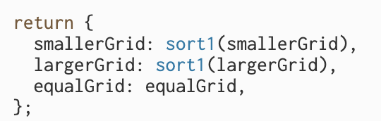 The compare method creates three sorted arrays: smallerGrid[], largerGrid[], and equalGrid[]. The method compares the current grid with e...