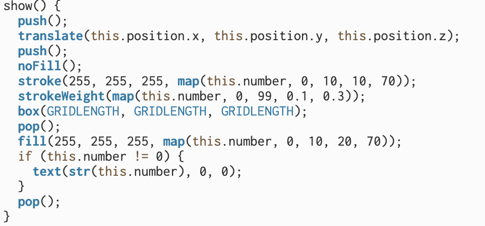 I then enhanced the program’s visuals by mapping each grid’s stroke weight and opacity relative to the numerical value.